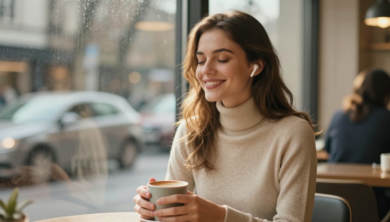 Woman at coffee shop with earbuds listening to AI voice