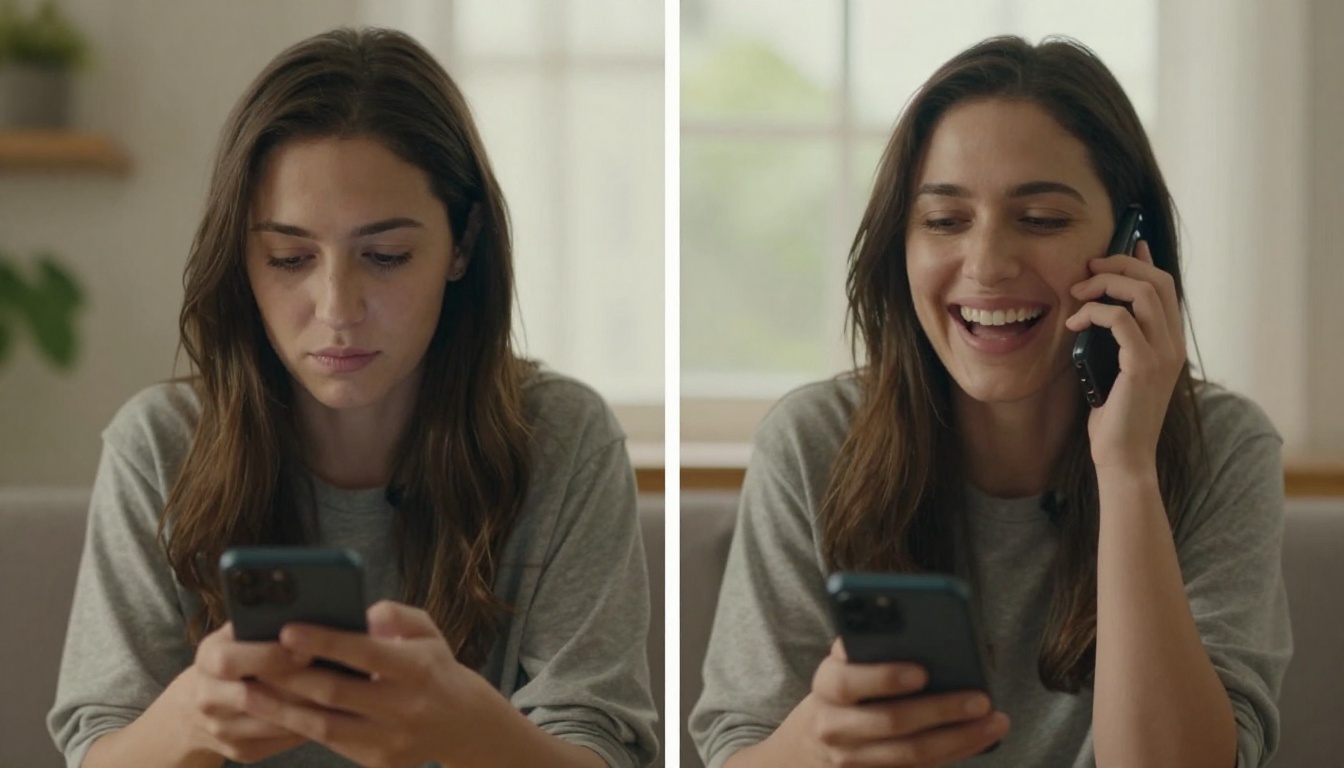 Woman split comparison text message vs voice call emotional difference