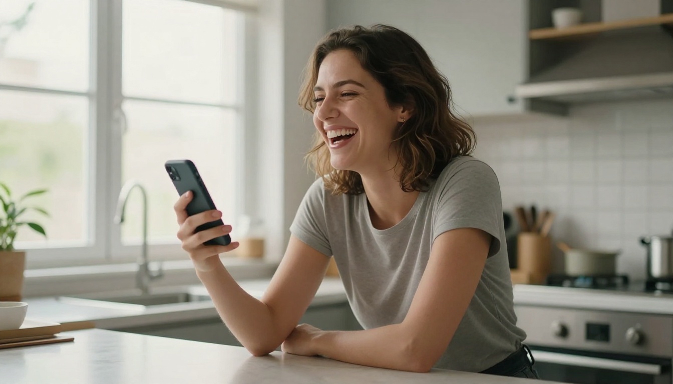 Woman laughing genuinely during a phone call in a bright morning kitchen