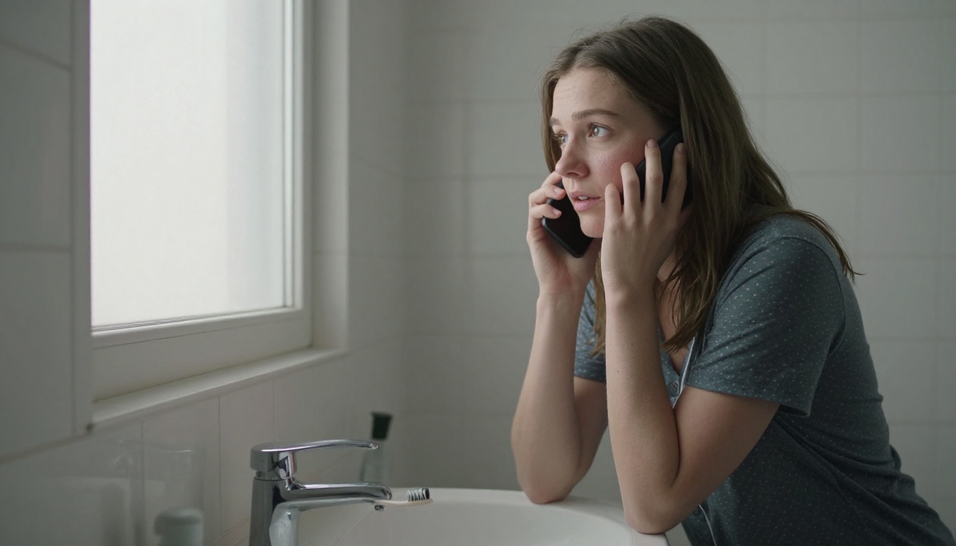 Woman morning bathroom intimate phone call natural domestic moment