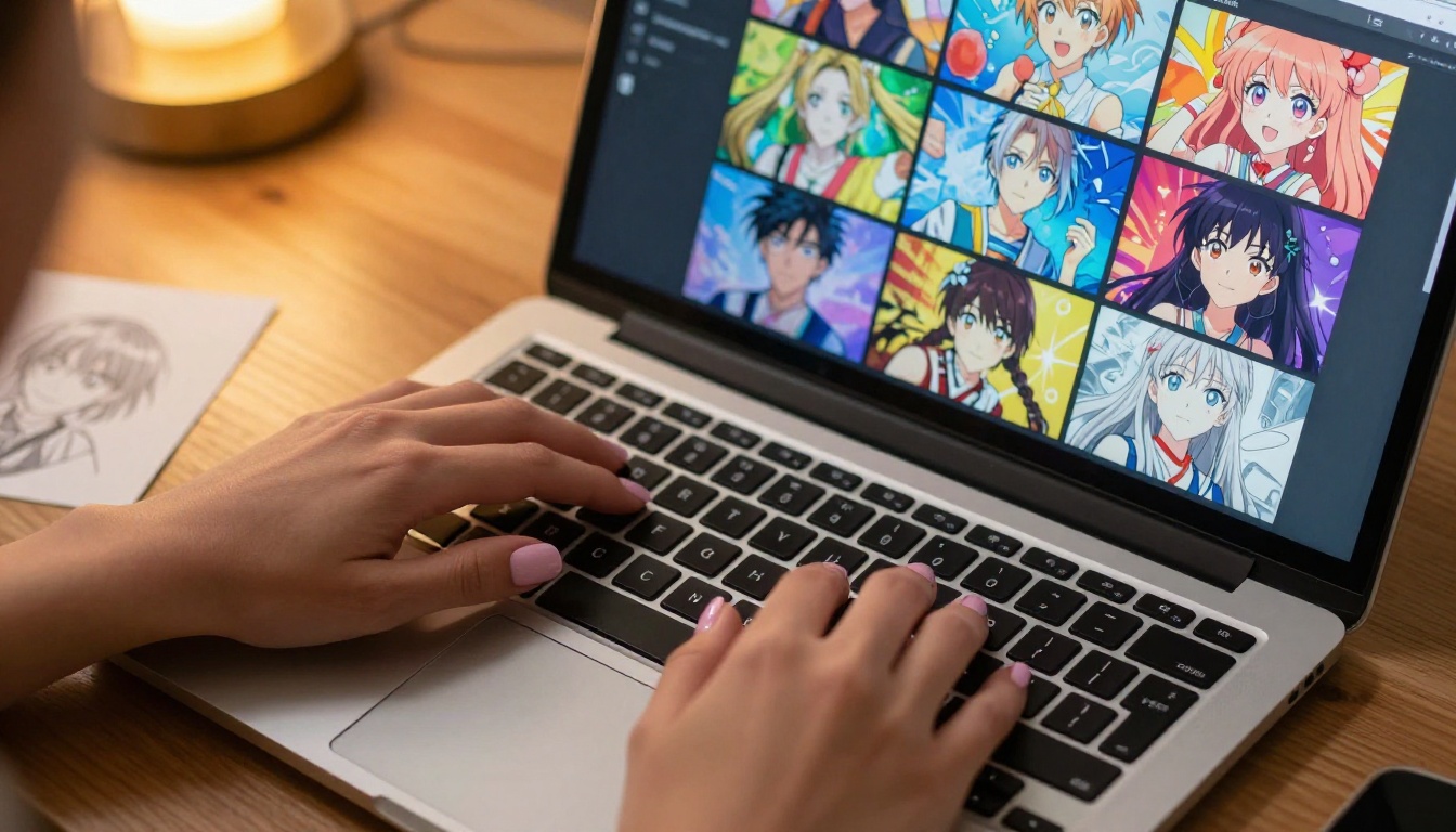 AI creative workspace with laptop showing anime artwork
