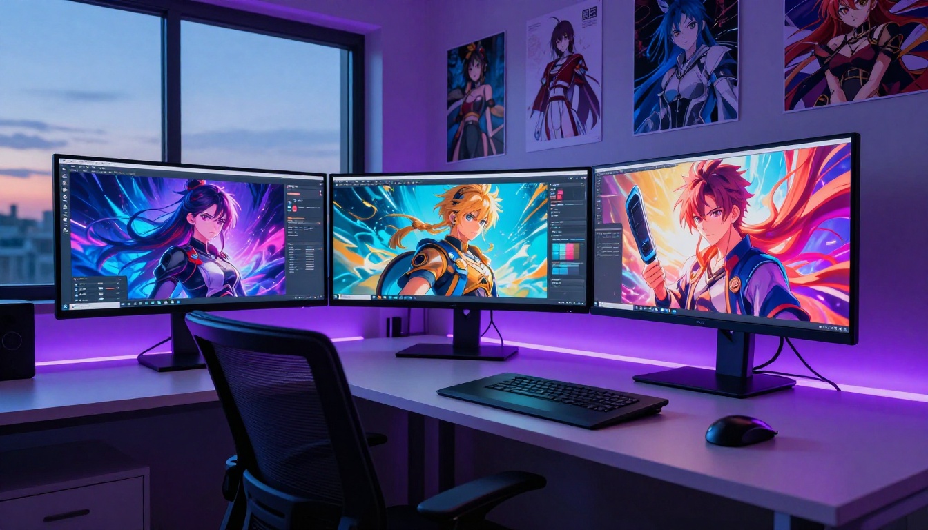 Modern creative digital studio with three curved monitors displaying AI-generated anime artwork