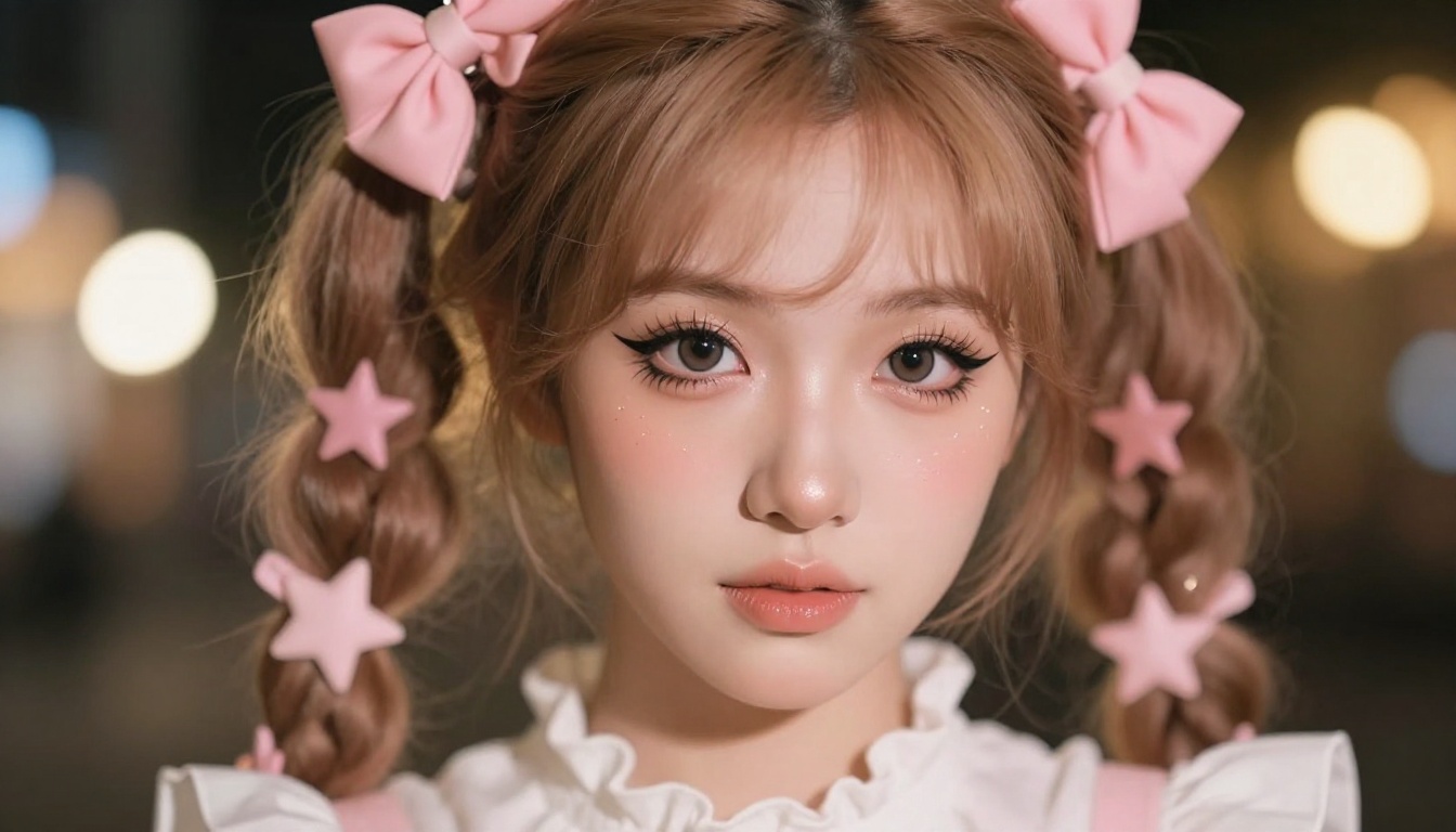 Close-up portrait of young woman with dramatic anime-inspired theatrical makeup and accessories