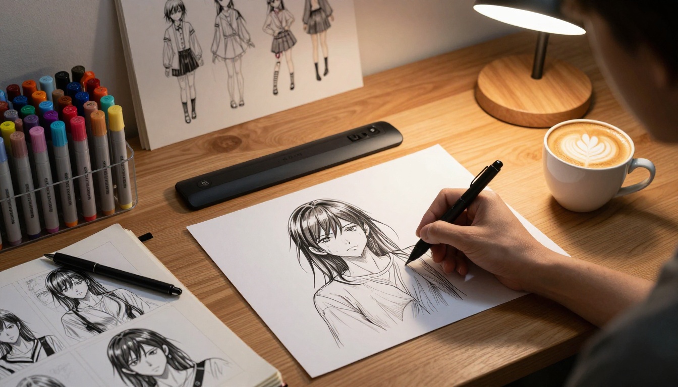 Artist creative workspace flat lay with drawing tablet, Copic markers, and anime character sketches