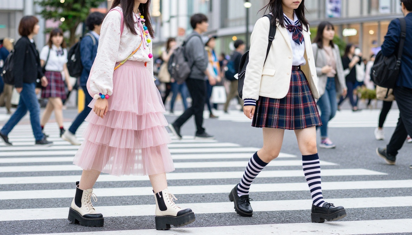 Two women in vibrant Harajuku-inspired Japanese street fashion in Tokyo