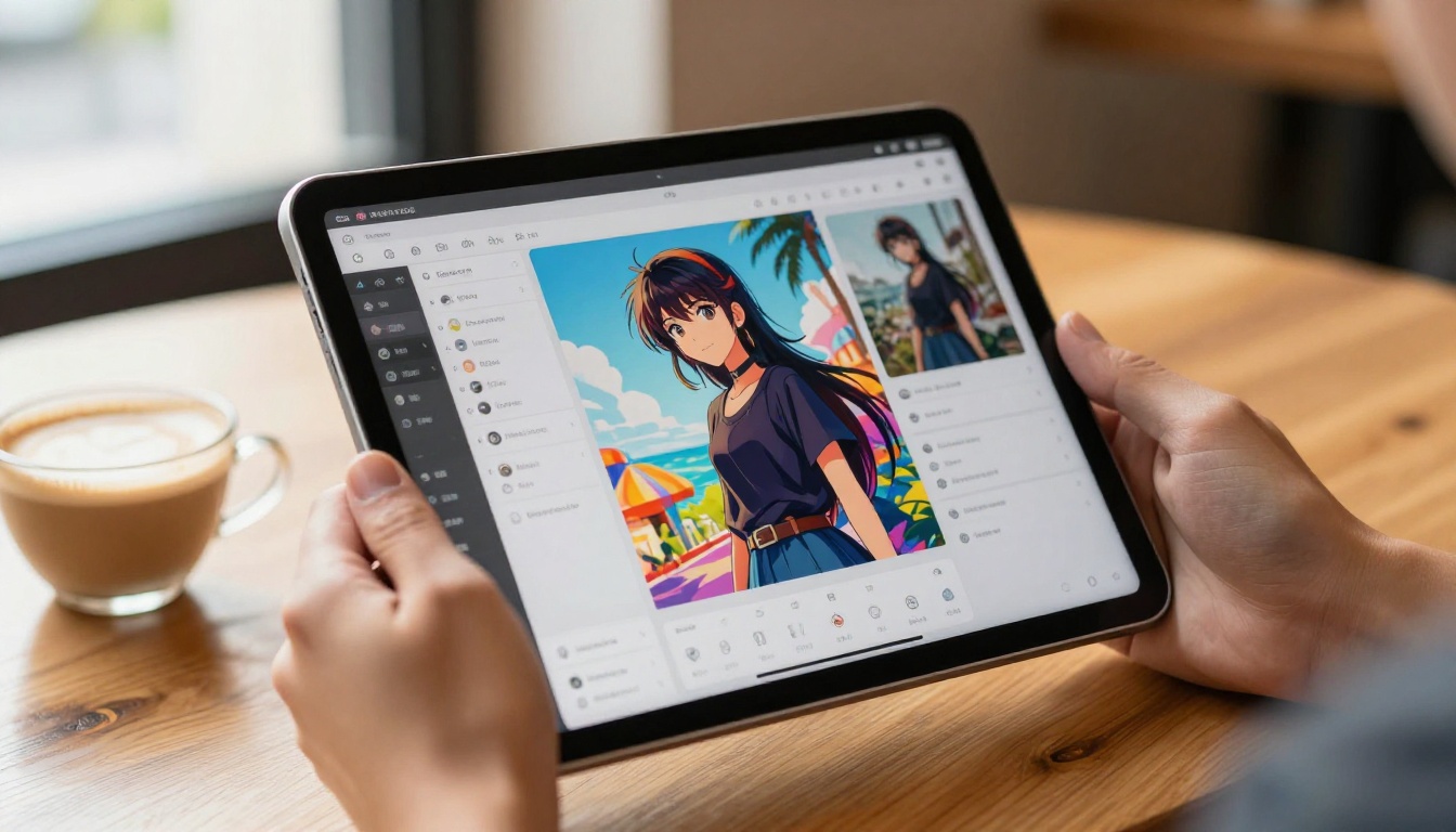 Woman holding iPad displaying AI waifu generation interface at cafe table