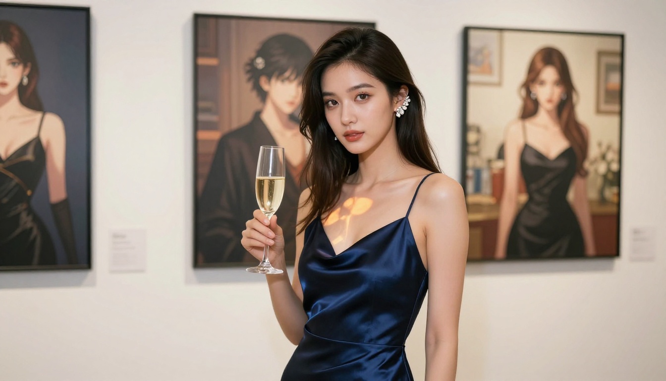 Elegant woman in midnight blue satin dress at AI character art gallery evening event