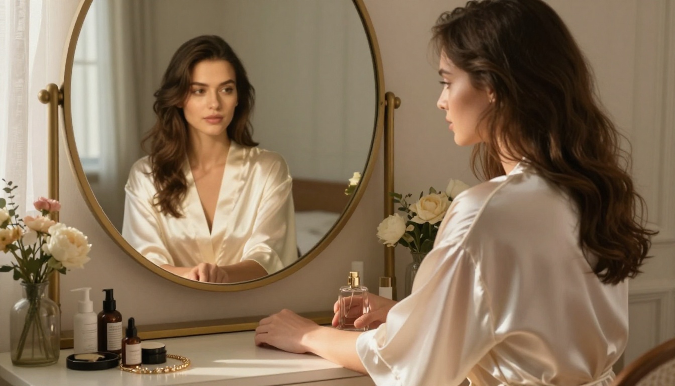 Elegant woman at vanity mirror in morning light