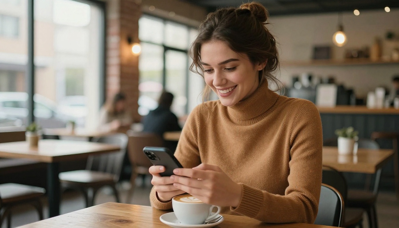 Woman in coffee shop smiling at her phone