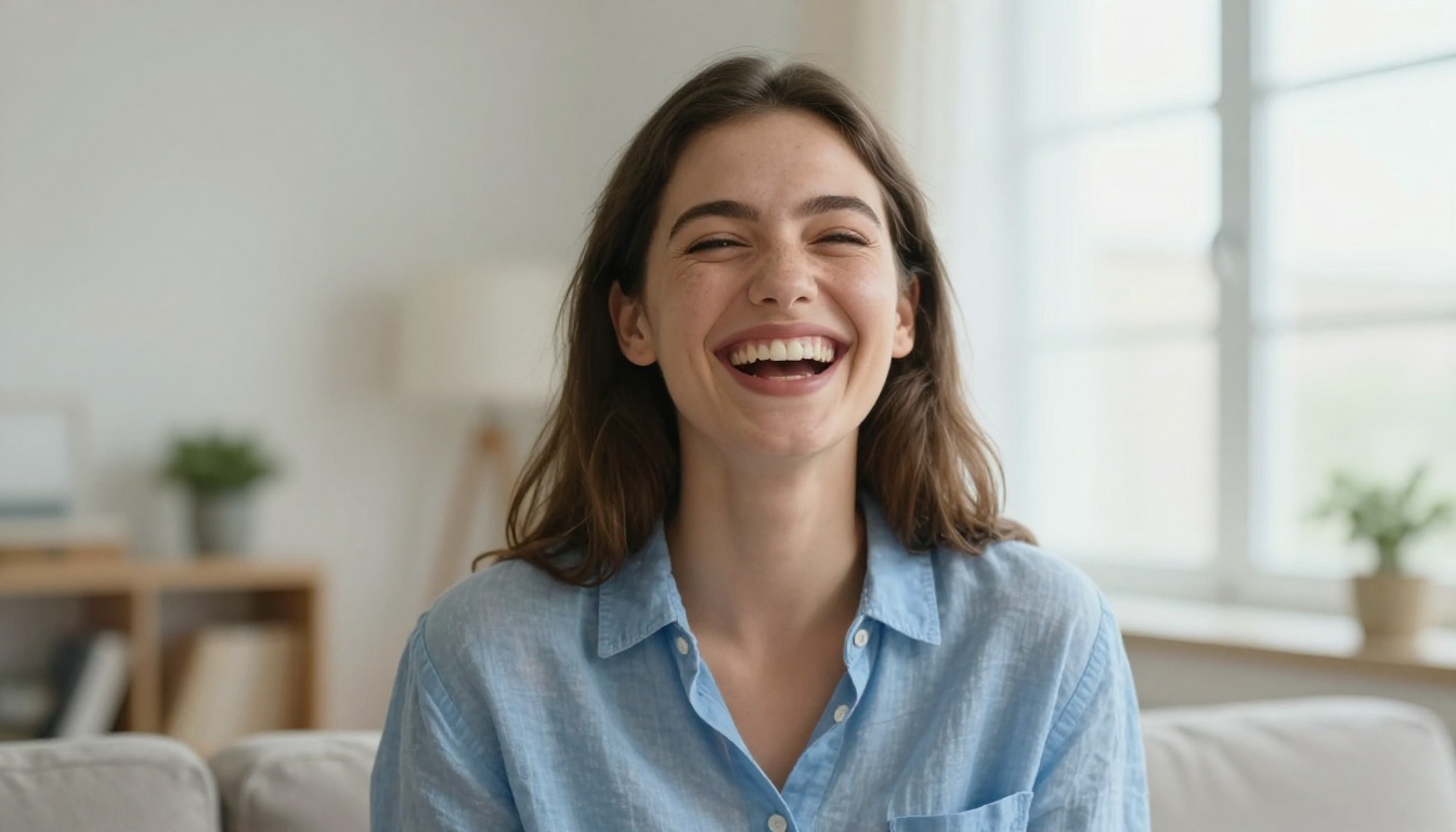 Woman laughing genuinely in a bright apartment