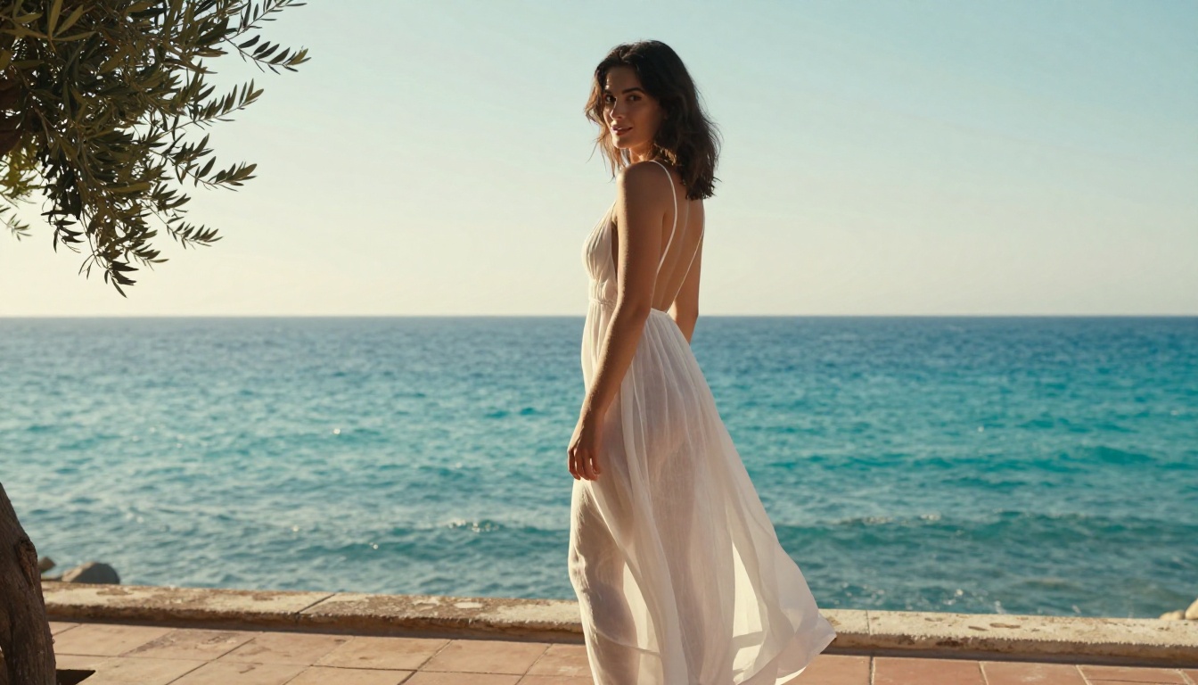 A woman in a sheer dress on a Mediterranean terrace showing the atmospheric depth photorealistic models produce A woman in a sheer dress on a Mediterranean terrace showing the atmospheric depth photorealistic models produce
