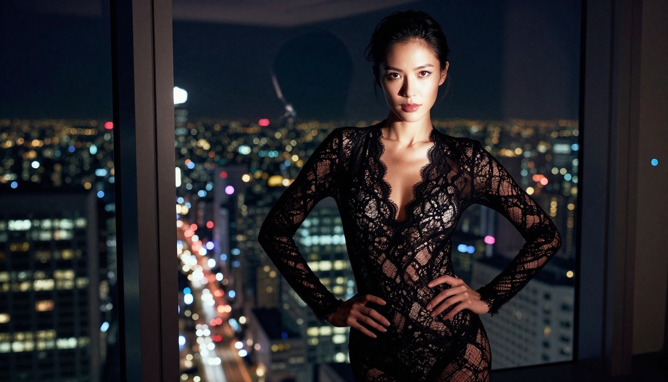 A woman in a black lace bodysuit in a penthouse at night, showing the sophisticated lighting and skin rendering Seedream 4.5 produces A woman in a black lace bodysuit in a penthouse at night, showing the sophisticated lighting and skin rendering Seedream 4.5 produces