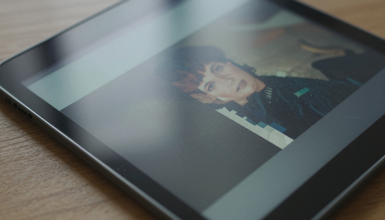 Low-resolution video frame showing pixel degradation on a tablet screen Low-resolution video frame showing pixel degradation on a tablet screen