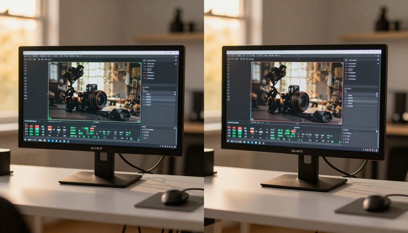 Side-by-side comparison of low-res and 4K video frames on professional studio monitors Side-by-side comparison of low-res and 4K video frames on professional studio monitors