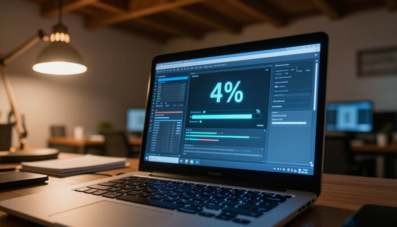 AI video upscaling software interface on laptop with progress indicators AI video upscaling software interface on laptop with progress indicators