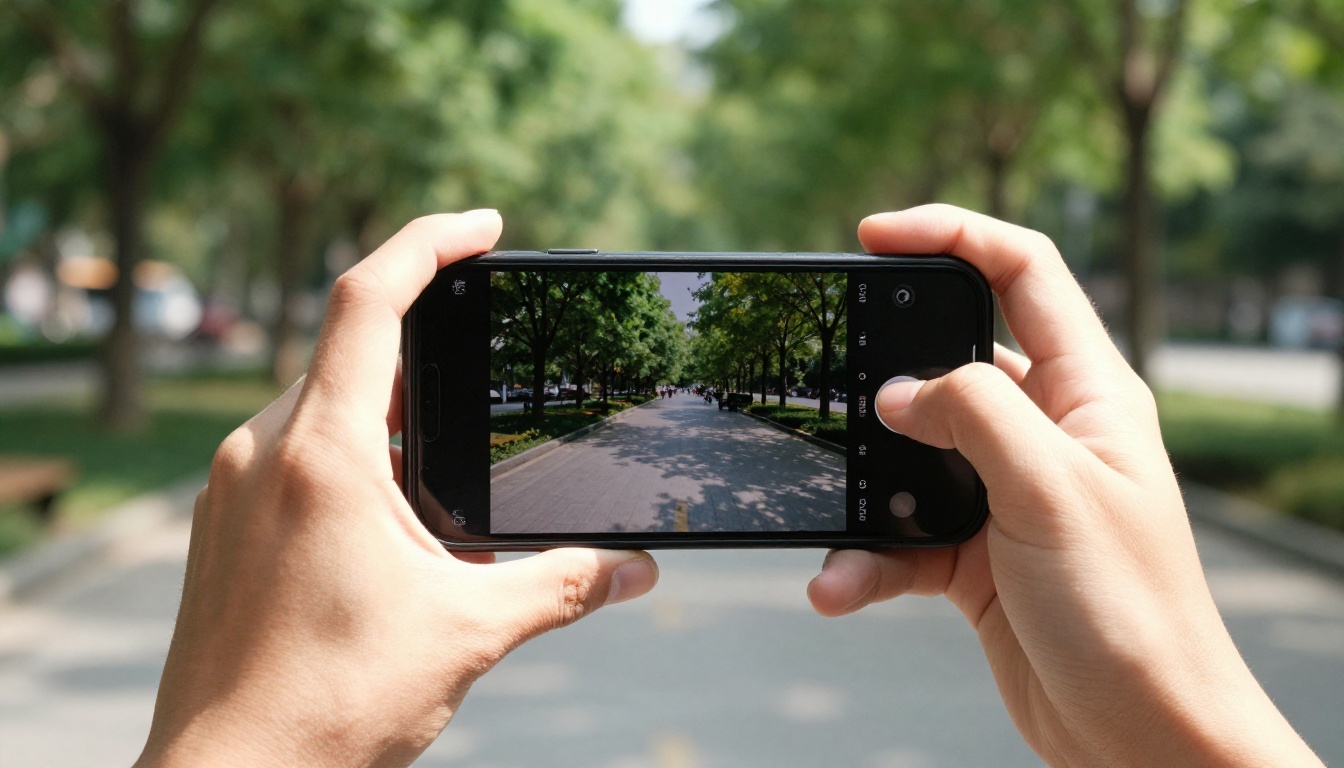 Person holding smartphone with crisp high-definition video in sunny urban park Person holding smartphone with crisp high-definition video in sunny urban park