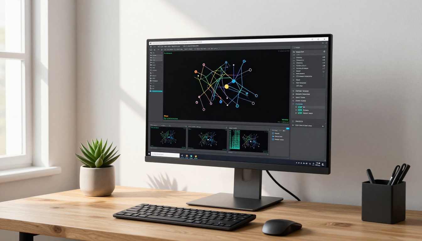 Desktop workstation processing AI video with neural network visualization on screen Desktop workstation processing AI video with neural network visualization on screen