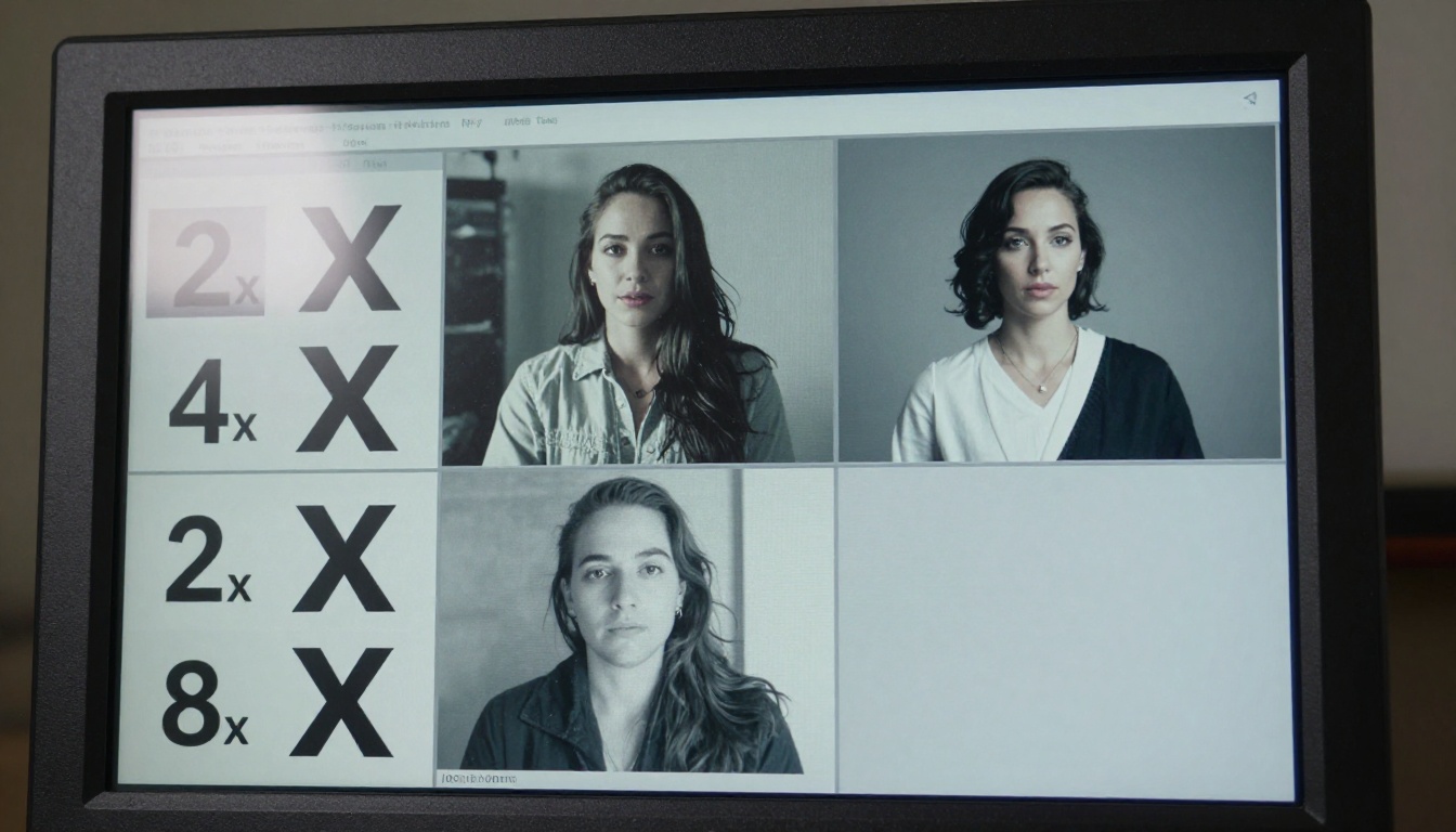 Monitor displaying video upscaling quality comparison grid at 2x 4x 8x levels Monitor displaying video upscaling quality comparison grid at 2x 4x 8x levels