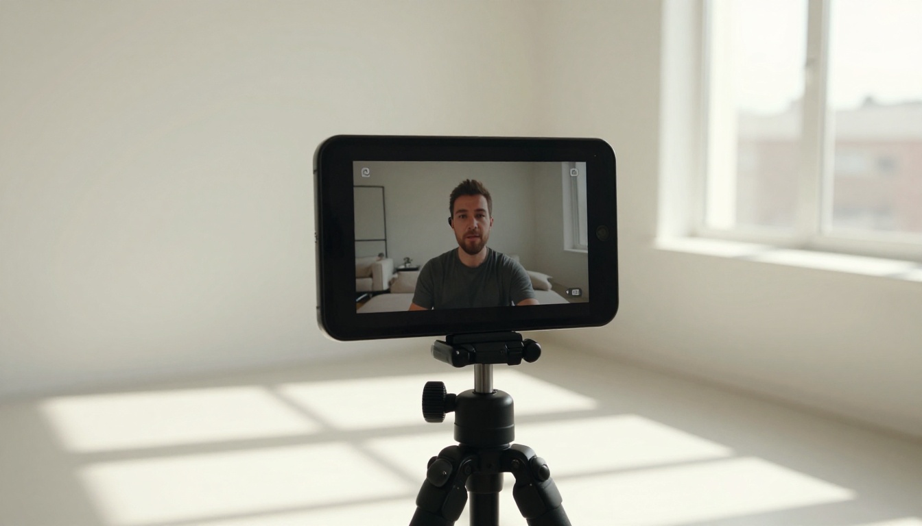 Content creator filming with smartphone on tripod showing footage on connected laptop Content creator filming with smartphone on tripod showing footage on connected laptop
