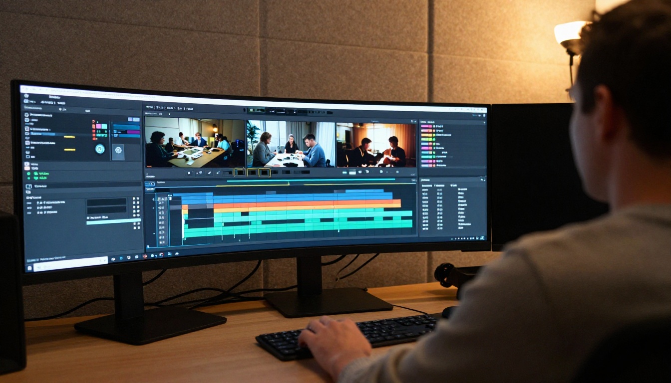 Over-the-shoulder view of video editor reviewing upscaled footage on ultrawide monitor Over-the-shoulder view of video editor reviewing upscaled footage on ultrawide monitor