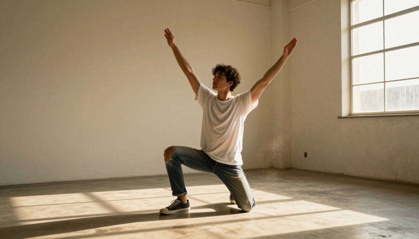 A concept artist studying a 3D pose hologram in a sunlit studio