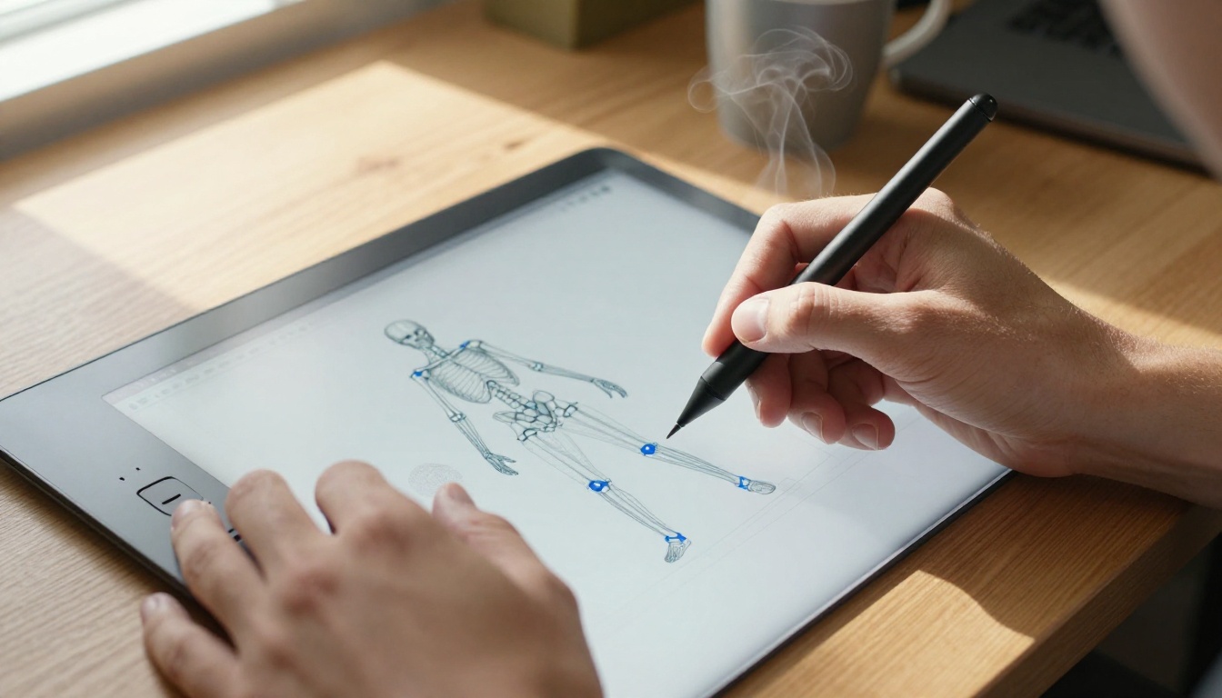 Hands on a drawing tablet displaying a wireframe skeleton pose