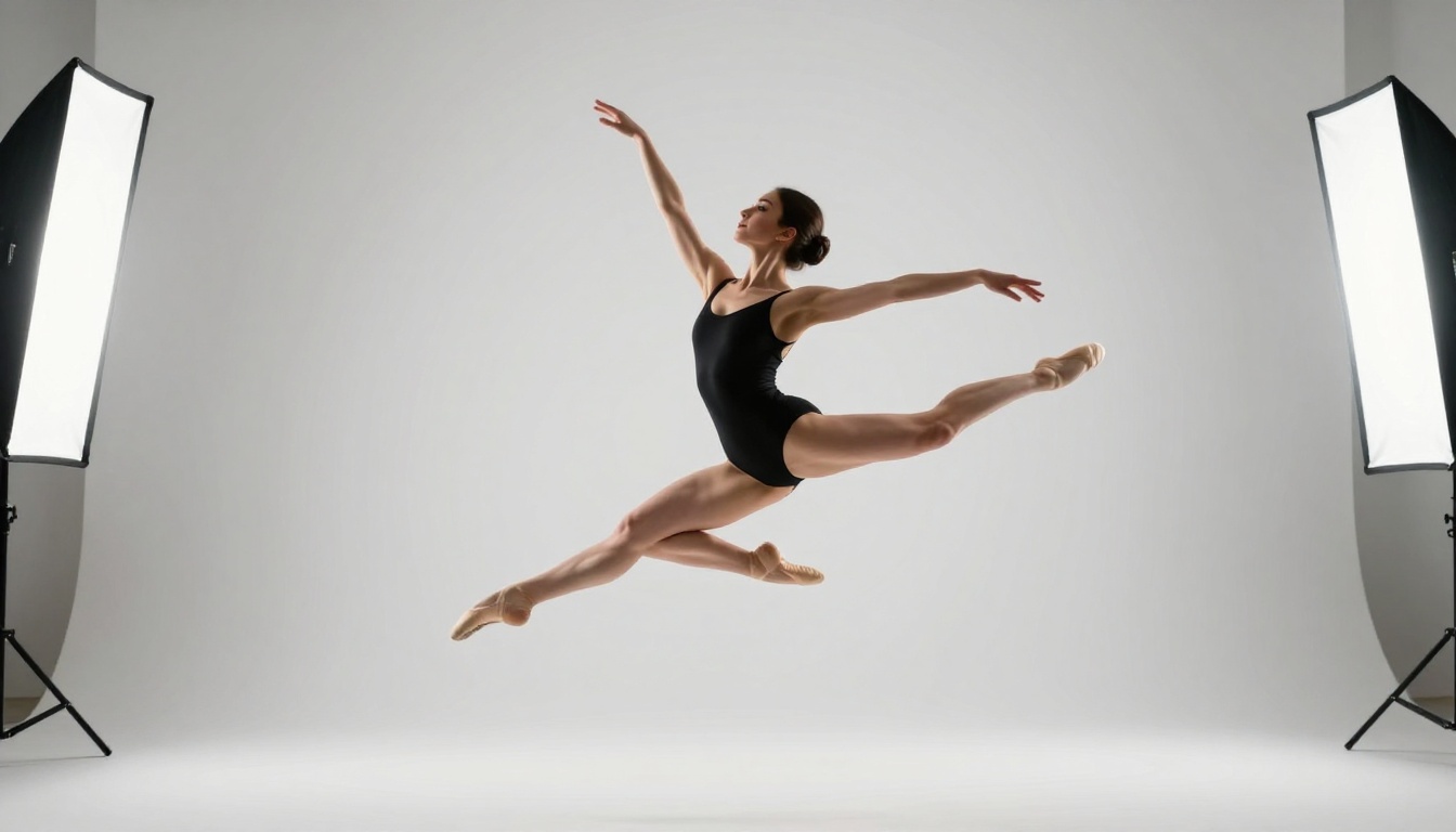 A female dancer frozen mid-leap in an arabesque in a photography studio