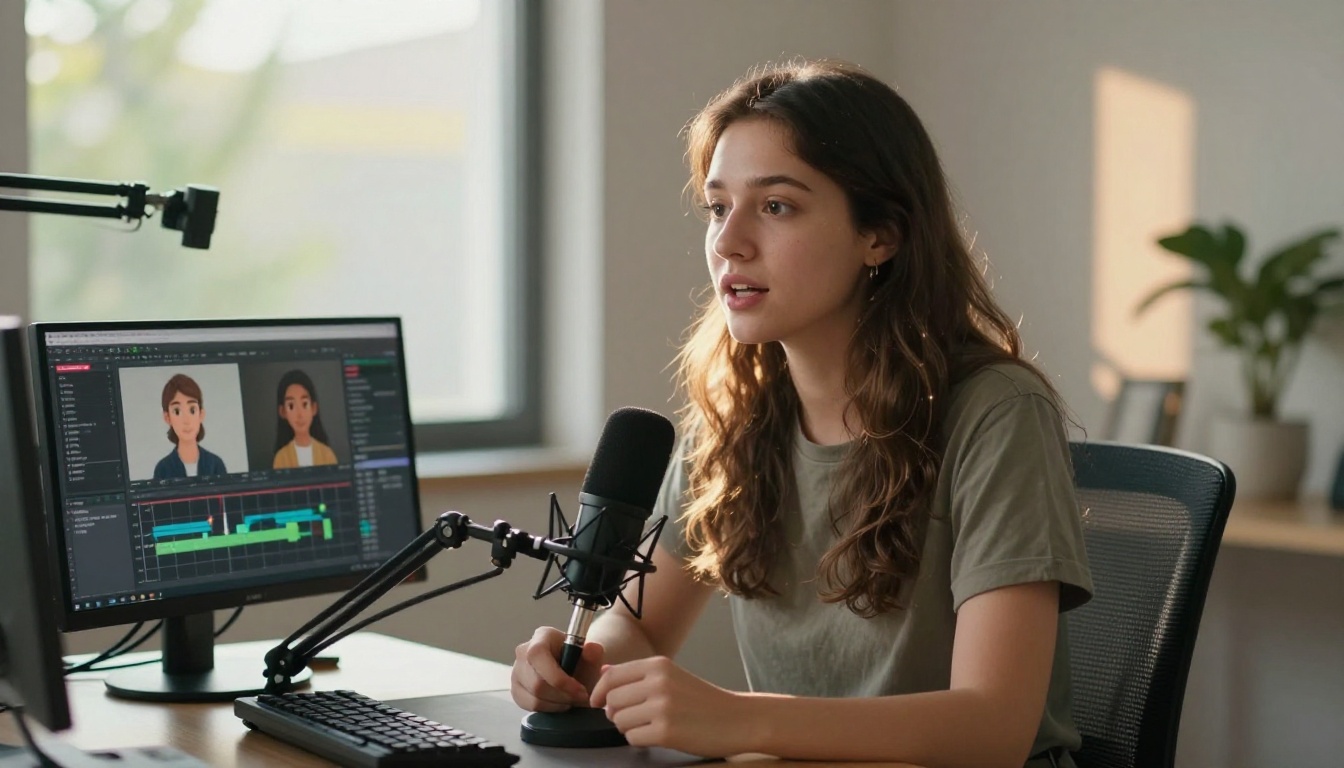 A content creator at a desk recording voice audio synchronized to character animation on dual monitors