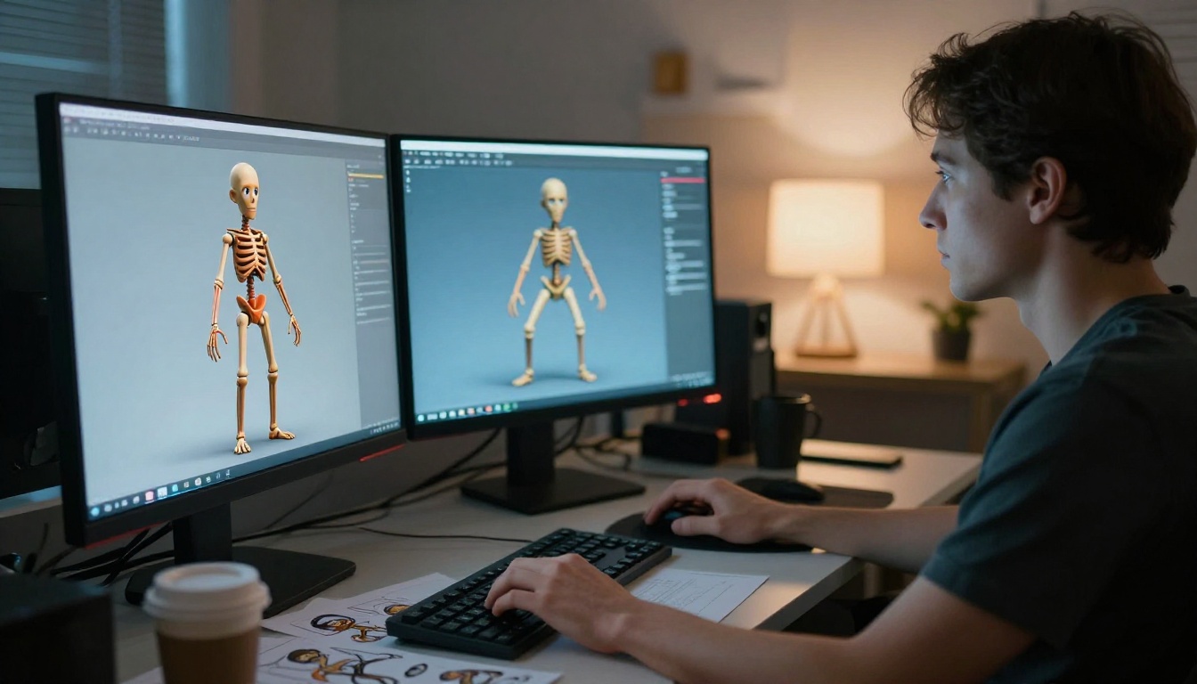 A game character designer at a dual-monitor workstation with skeleton rigs on screen