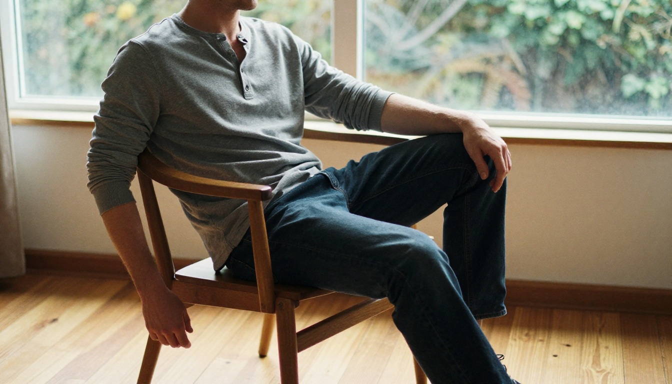 A photorealistic male figure in a natural relaxed seated pose