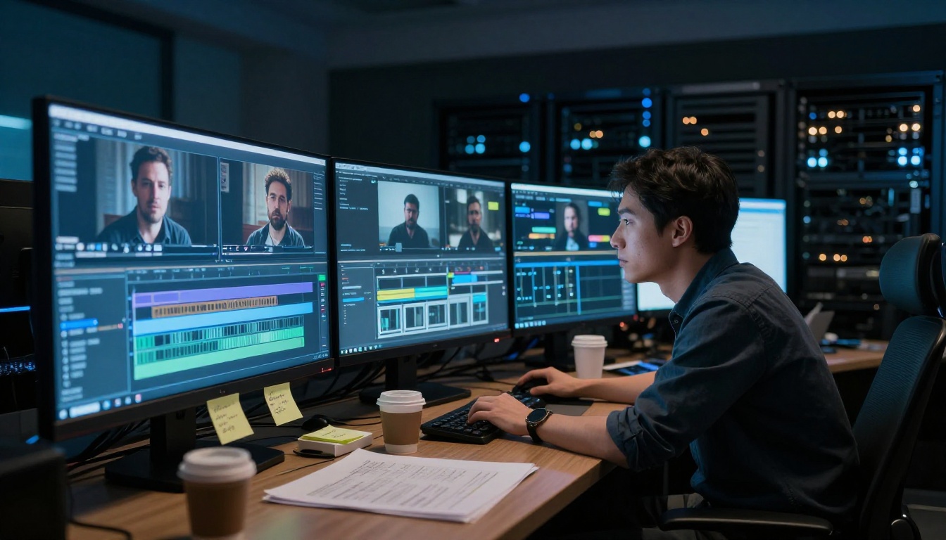 Post-production editor reviewing synchronized audio tracks on large monitor at night in editing suite