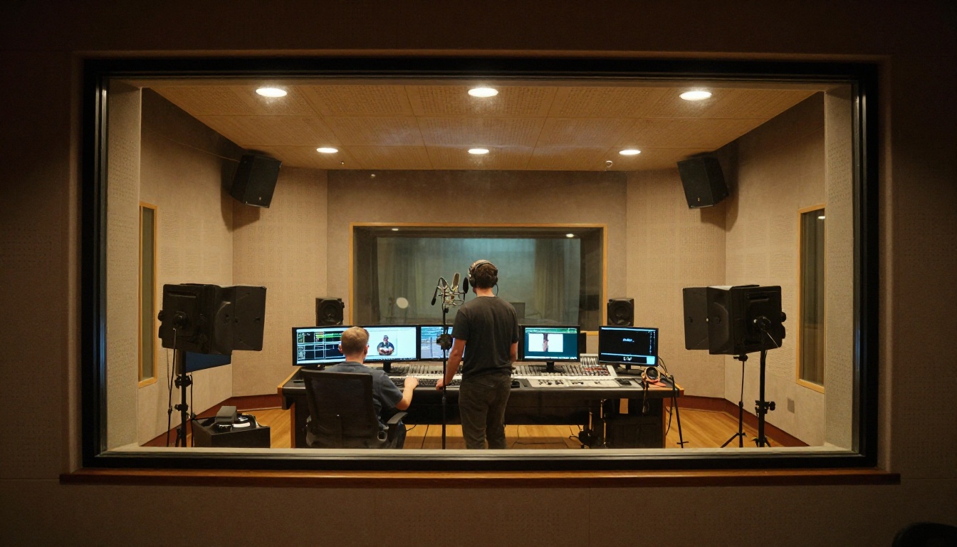 Professional dubbing studio recording booth seen from above with voice actor performing at microphone