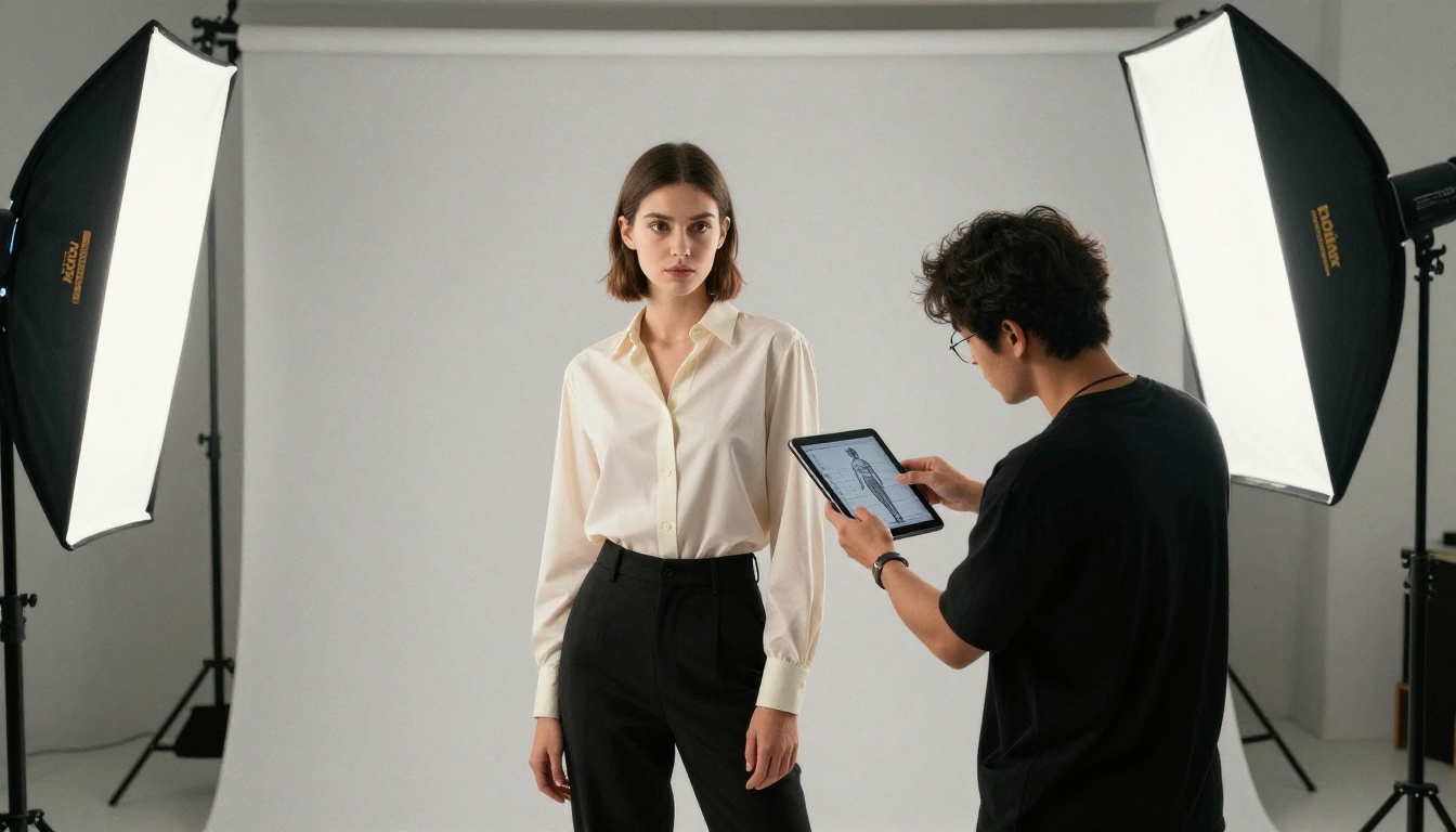 Photographers on set using a pose diagram to direct a model