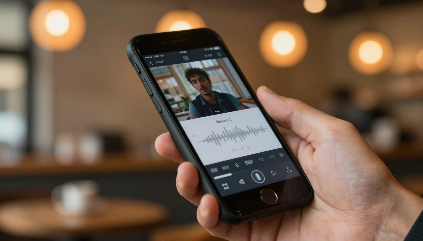 Smartphone held in hand showing a talking character video with audio waveform display below the video