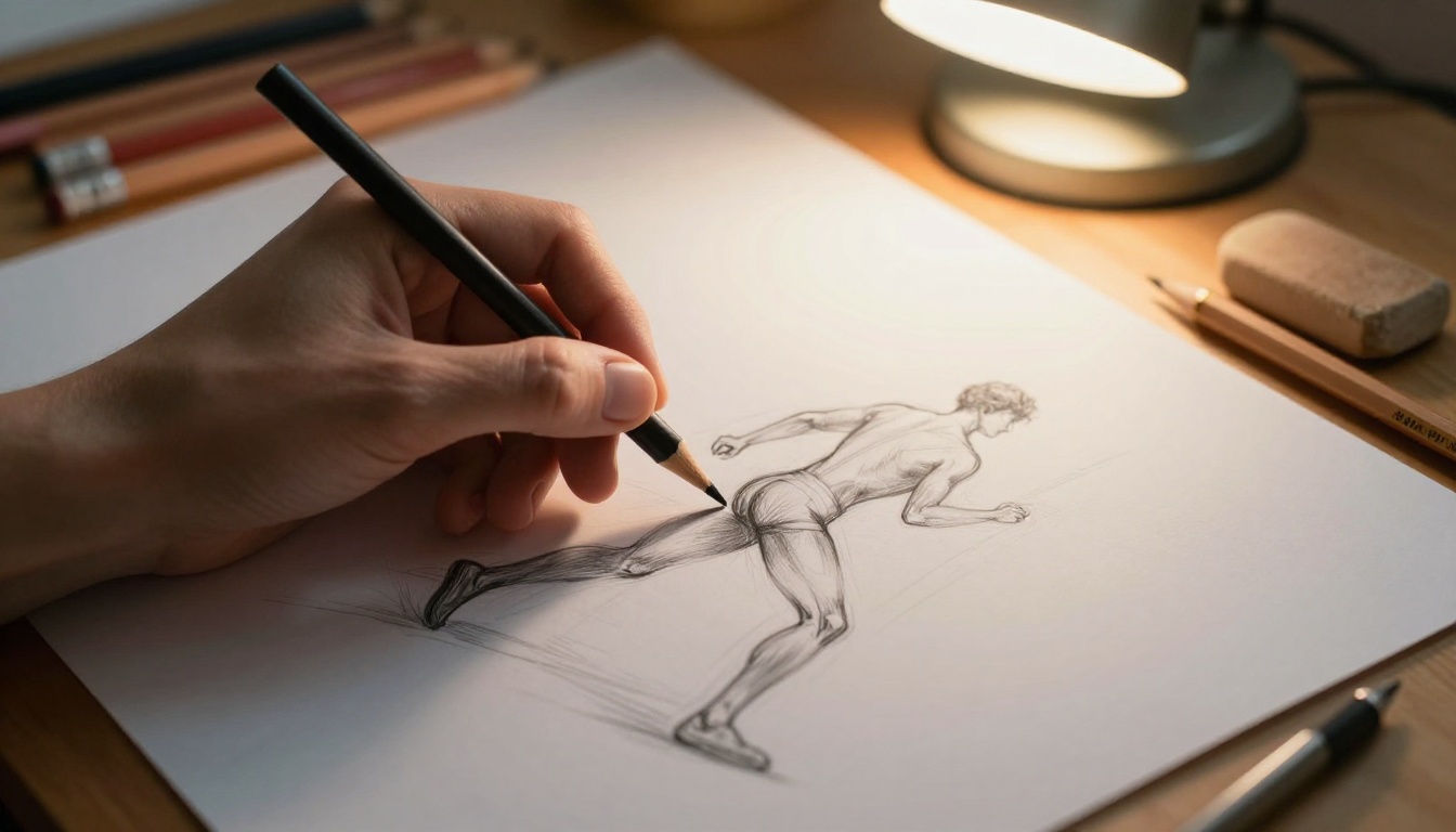 An illustrator's hand sketching a running figure with graphite pencil