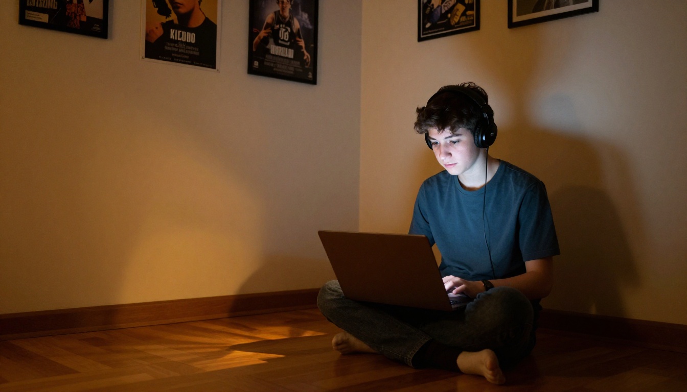 Teenager watching content on a laptop in a warmly lit bedroom with amber desk lamp light