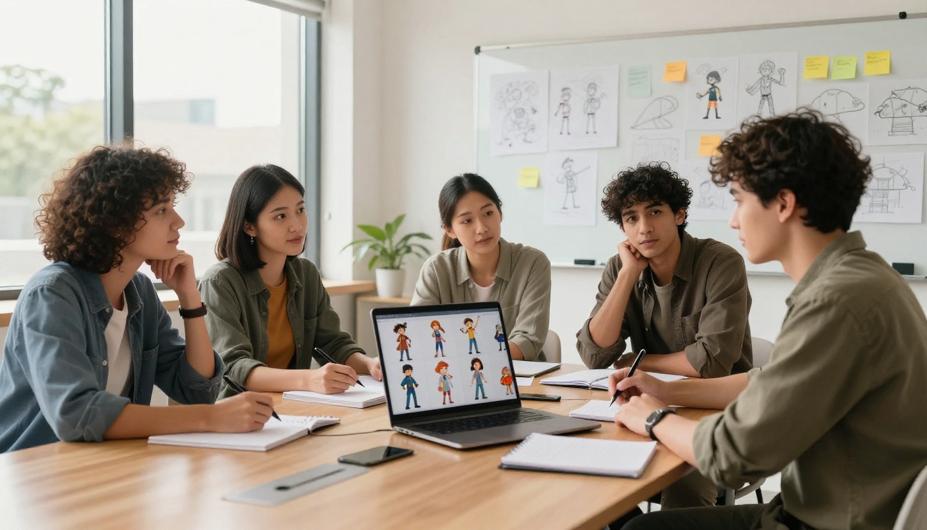 A creative team reviewing AI-generated character poses on a laptop
