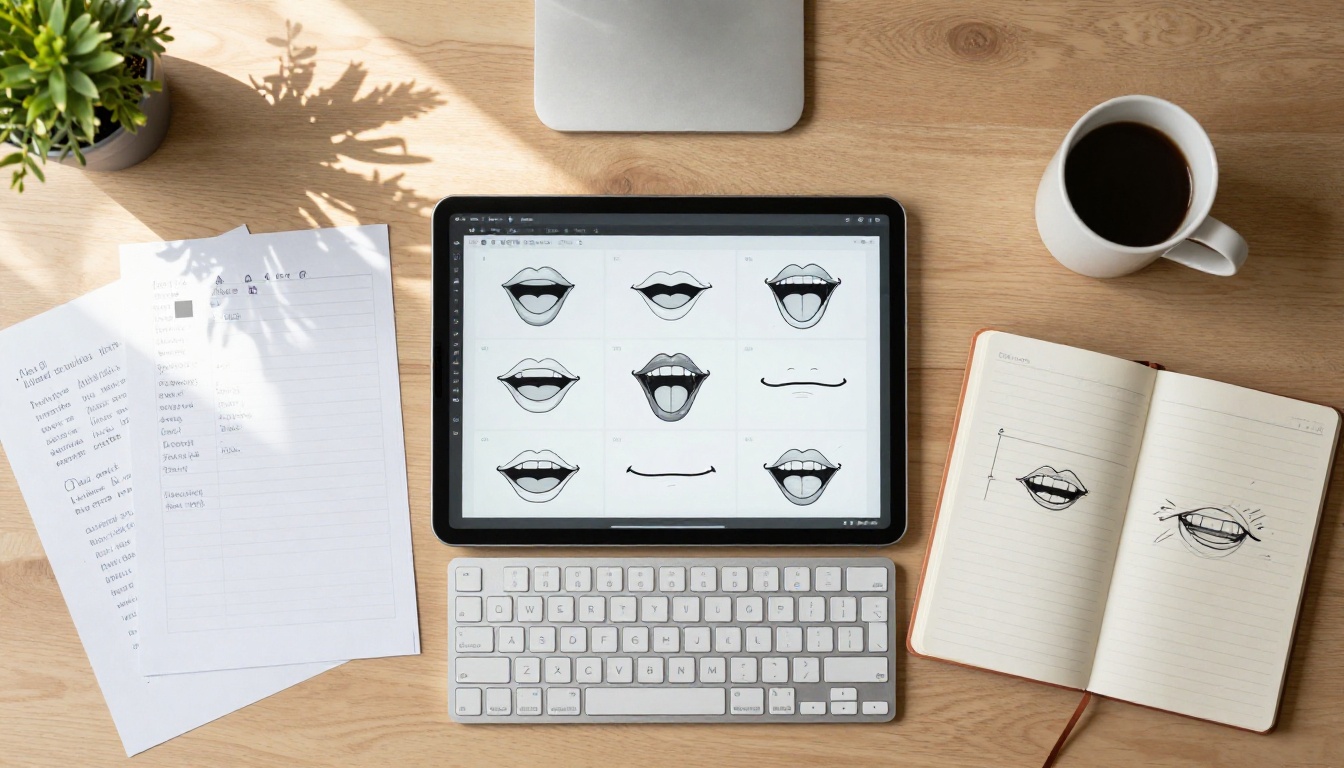 Overhead flat-lay of a creative workspace with tablet showing phoneme mouth shapes and handwritten notes