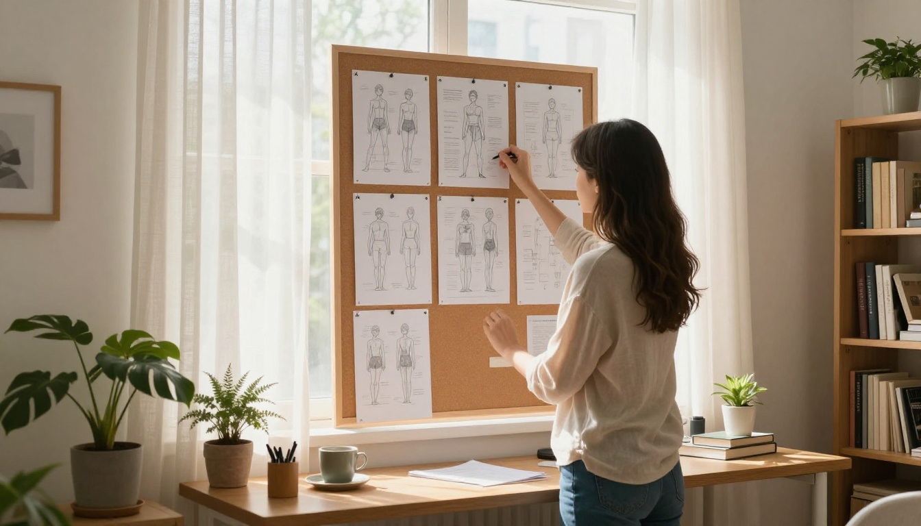 A woman studying pose reference sheets pinned to a cork board in her home studio