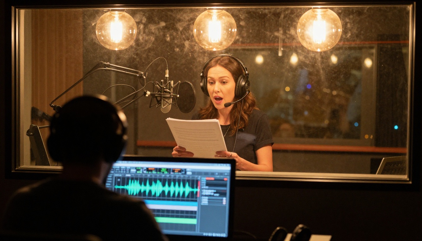 Professional voice actress performing through studio glass with mixing engineer visible in foreground at DAW