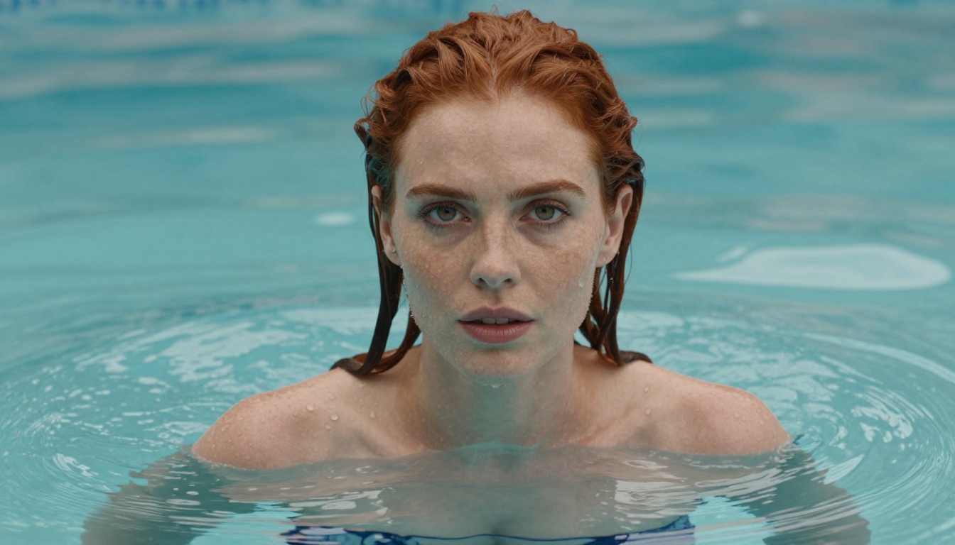 A redhead woman half-submerged in a crystal-clear pool, water droplets on her bare shoulders, overcast diffused light, 105mm macro lens, Kodak Ektar 100 grain A redhead woman half-submerged in a crystal-clear pool, water droplets on her bare shoulders, overcast diffused light, 105mm macro lens, Kodak Ektar 100 grain