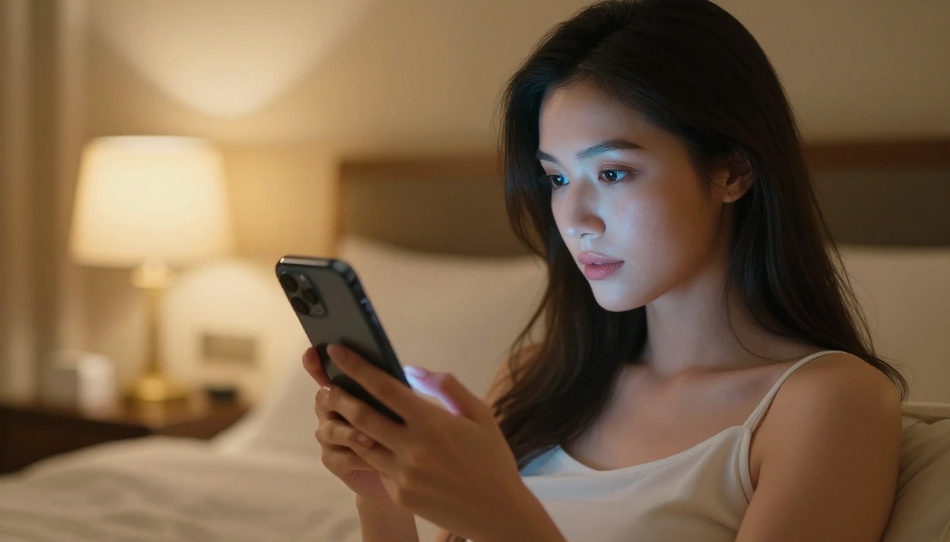 Woman using AI companion app on smartphone at night