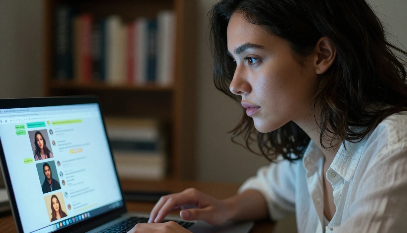 Woman looking intently at laptop screen with AI chat interface and generated images visible