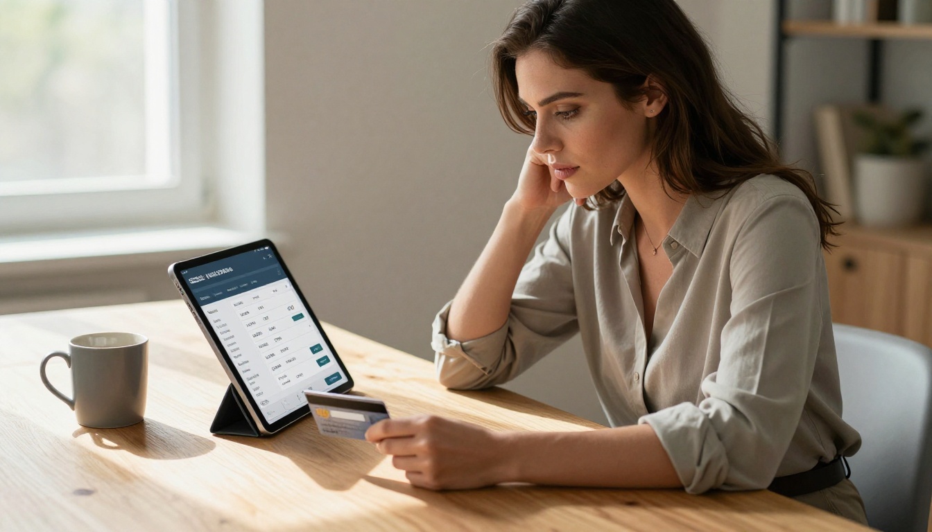 Woman comparing subscription pricing on tablet with credit card on desk