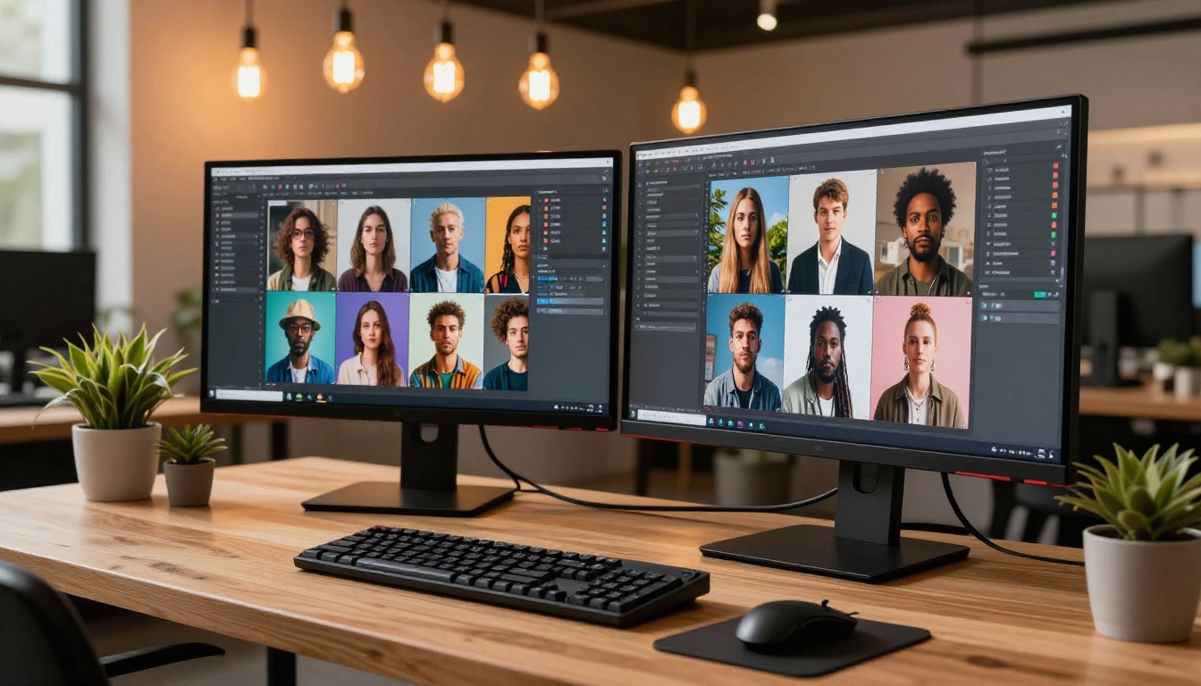 Modern creative workspace with dual monitors showing AI image generation platform