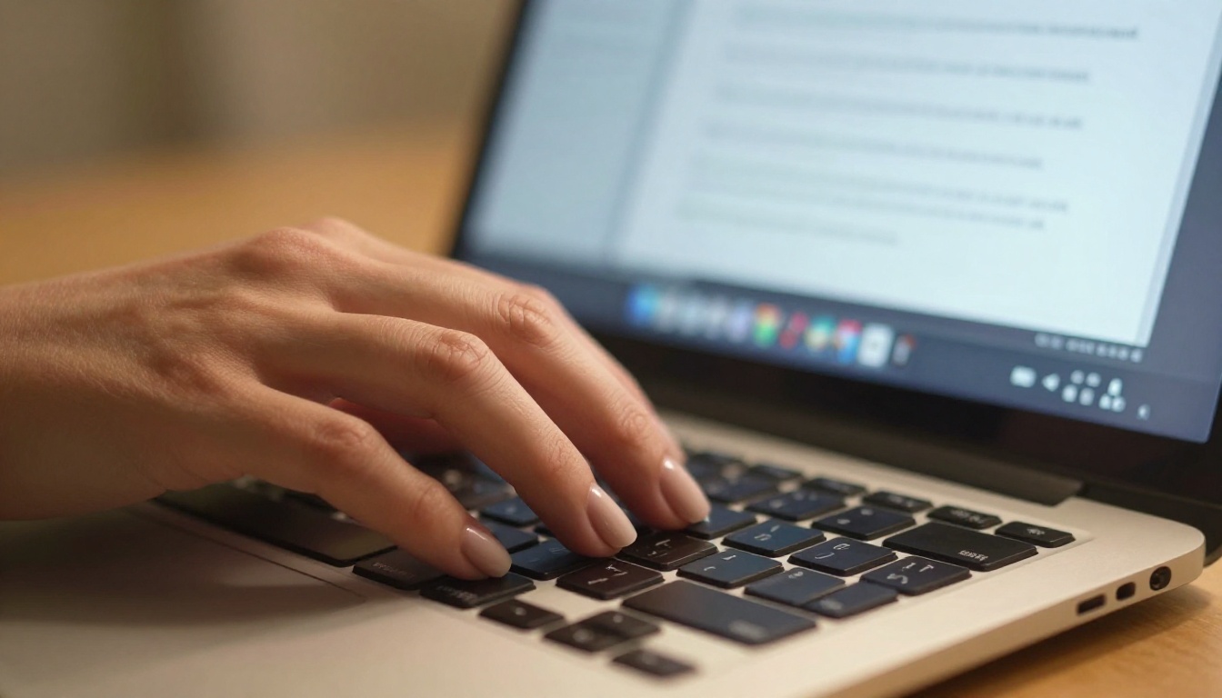 Close-up of hands typing prompts into an AI image generator on a laptop keyboard