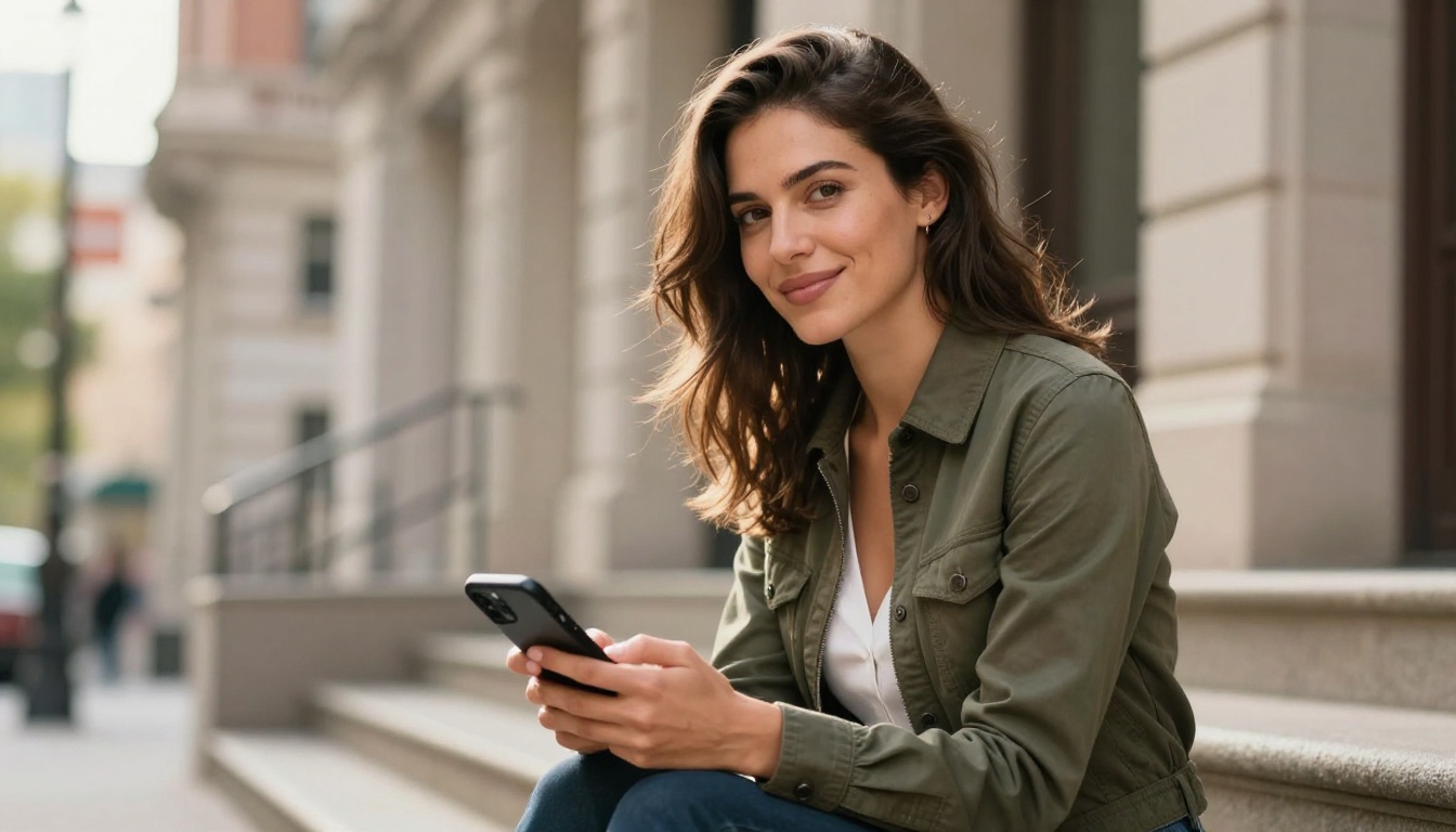 Confident woman with smartphone representing creative freedom in AI companion apps