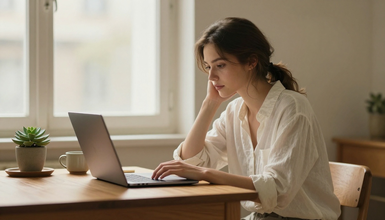 Beautiful woman at a minimalist desk glancing at a laptop screen in warm morning light