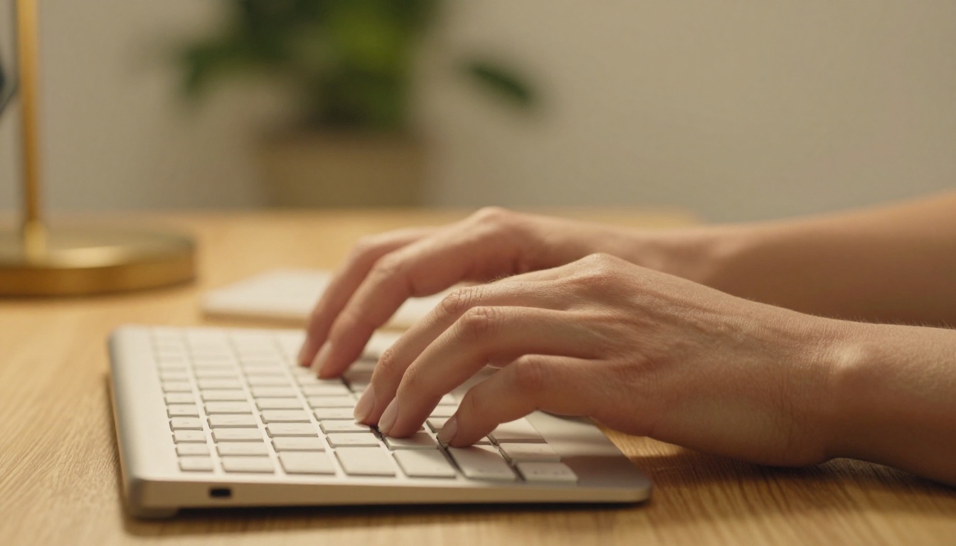 Close-up of elegant feminine hands typing on a slim keyboard in warm amber desk lamp light