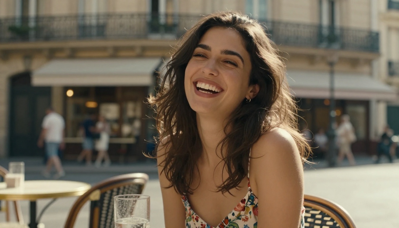 Candid portrait of a beautiful woman laughing at an outdoor cafe in midday light